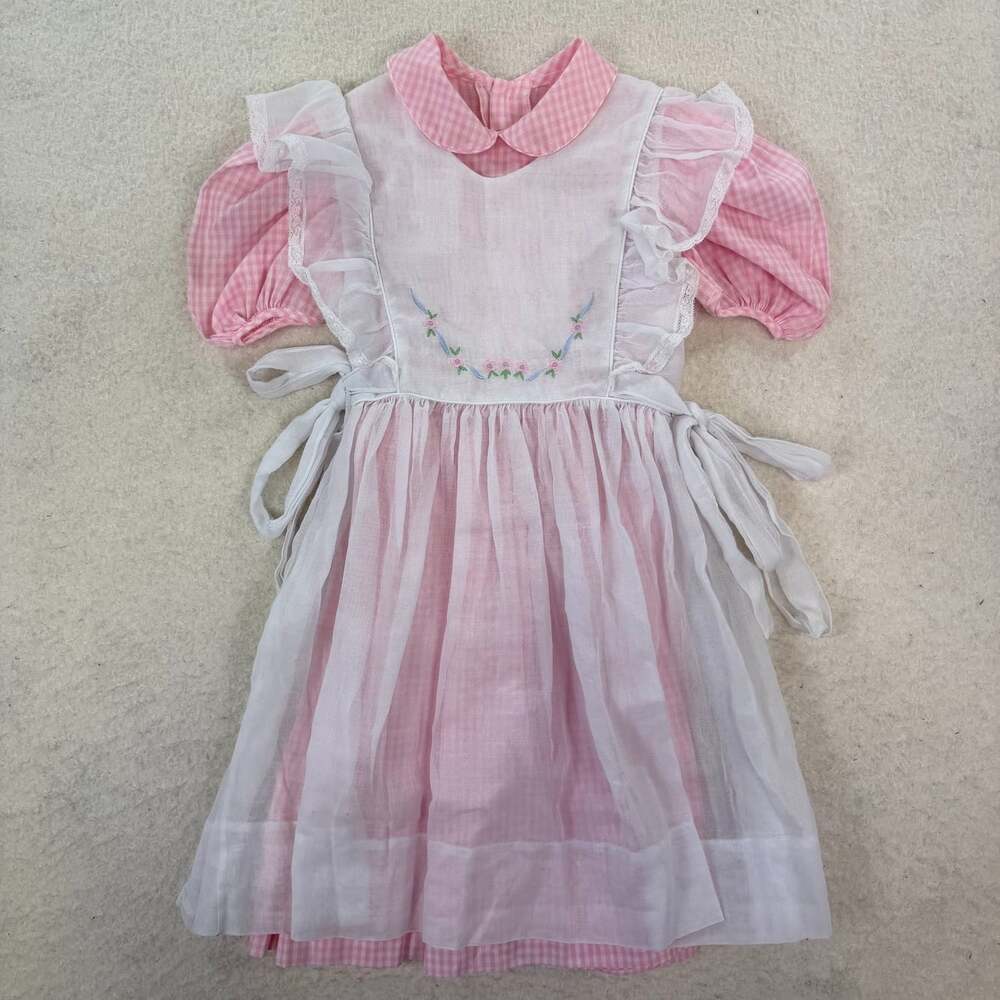 Vintage 1970's Pink Gingham Pinafore Apron Peter Pan Collar Prairie Dress 5T